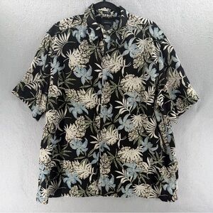 Claiborne Shirt Mens Size XL Black Blue 100% Silk Resort Vacation Hawaiian